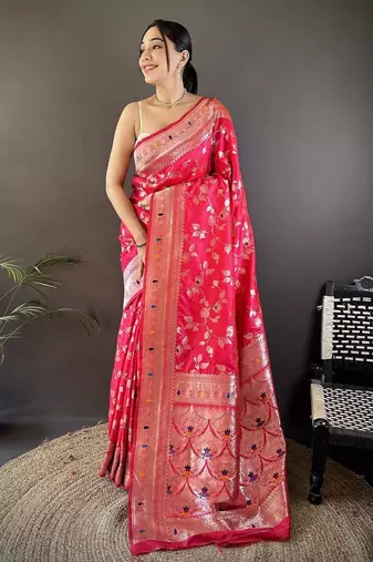 Pink floral woven design zari banarasi saree