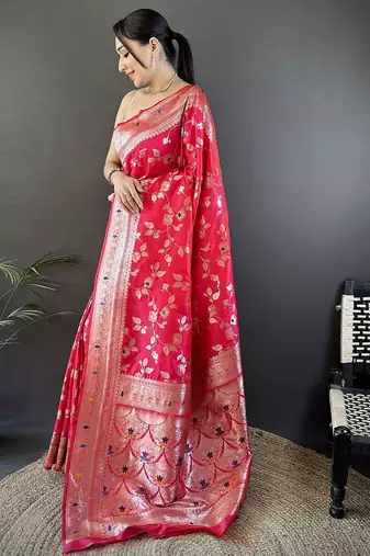 Pink floral woven design zari banarasi saree