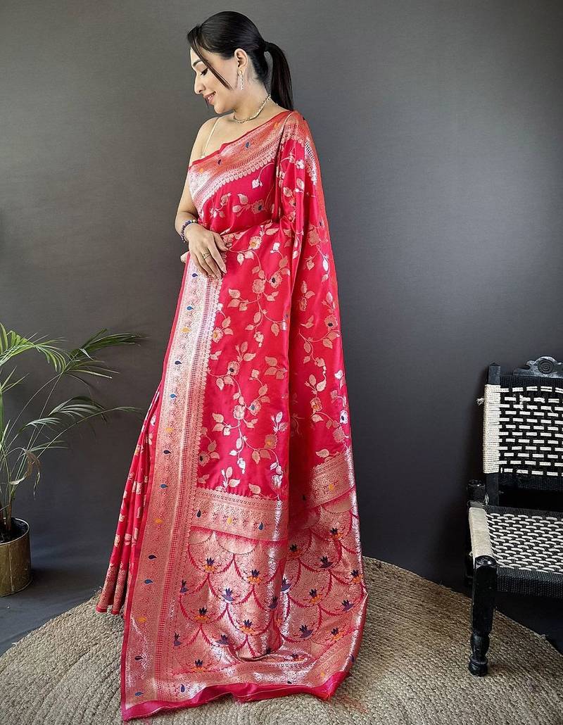 Pink floral woven design zari banarasi saree