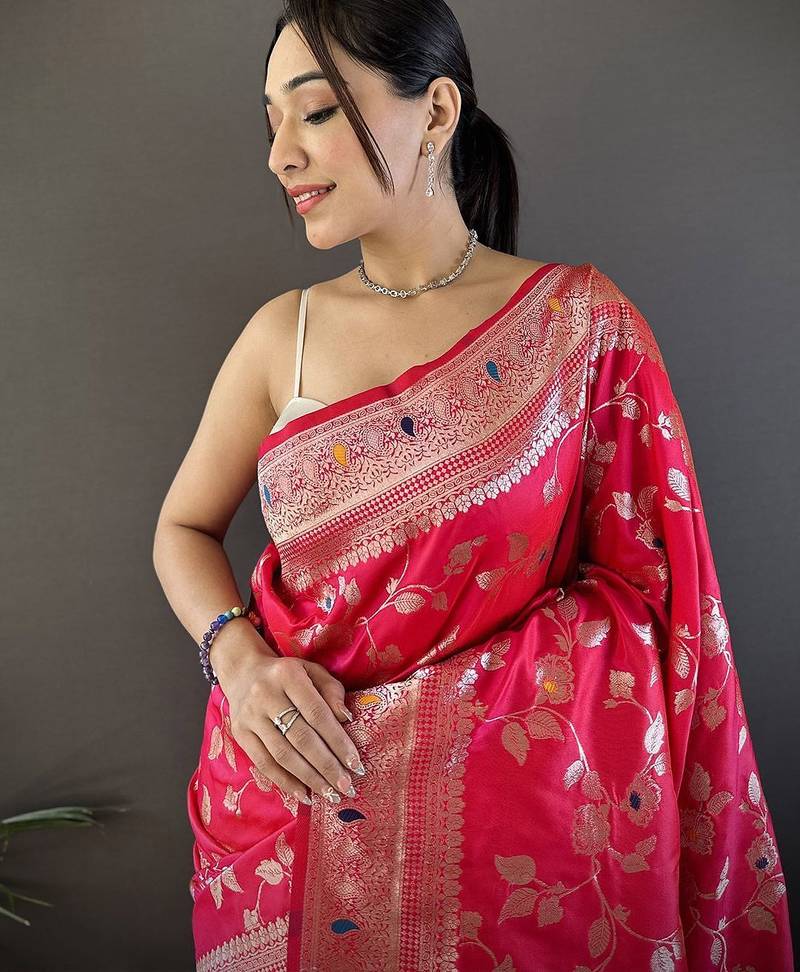 Pink floral woven design zari banarasi saree