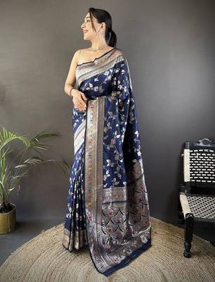 Navy blue ethnic motifs woven design zari banarasi saree with blouse piece 1