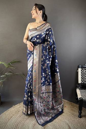 Navy blue ethnic motifs woven design zari banarasi saree with blouse piece