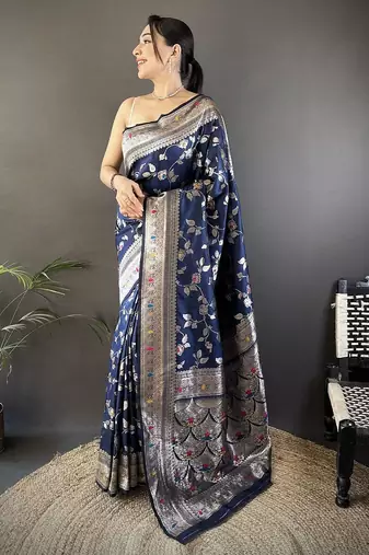 Navy blue ethnic motifs woven design zari banarasi saree with blouse piece