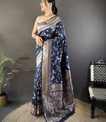 Navy blue ethnic motifs woven design zari banarasi saree with blouse piece