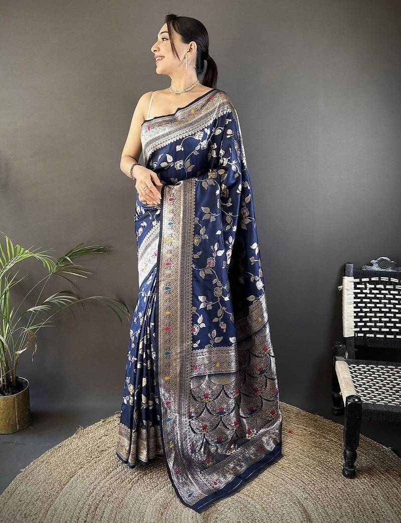 Navy blue ethnic motifs woven design zari banarasi saree with blouse piece