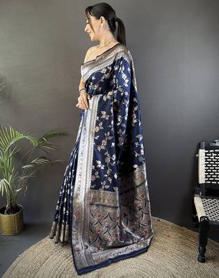 Navy blue ethnic motifs woven design zari banarasi saree with blouse piece 2
