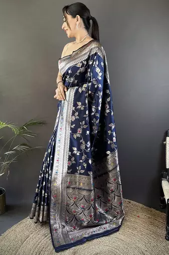 Navy blue ethnic motifs woven design zari banarasi saree with blouse piece
