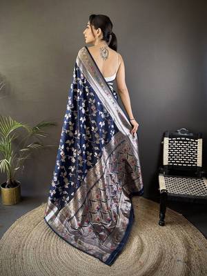 Navy blue ethnic motifs woven design zari banarasi saree with blouse piece 3