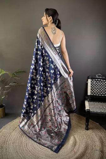 Navy blue ethnic motifs woven design zari banarasi saree with blouse piece