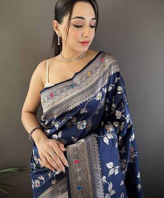 Navy blue ethnic motifs woven design zari banarasi saree with blouse piece 4