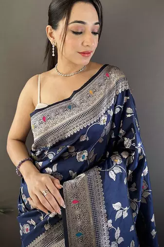 Navy blue ethnic motifs woven design zari banarasi saree with blouse piece