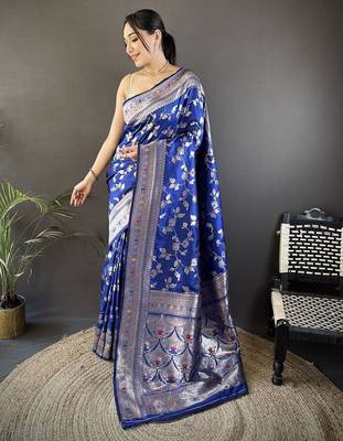 Blue floral woven design zari banarasi saree 1