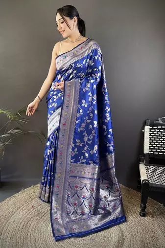 Blue floral woven design zari banarasi saree