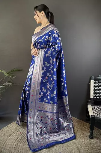 Blue floral woven design zari banarasi saree