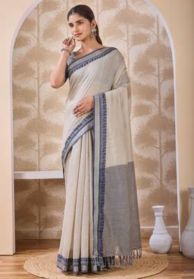 Ash grey zari and thread work border cotton blend saree with tassels with blouse 1