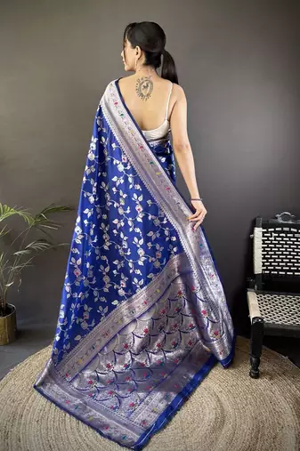 Blue floral woven design zari banarasi saree