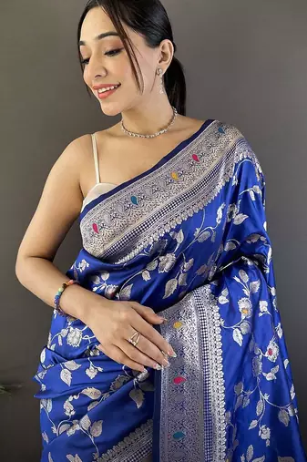 Blue floral woven design zari banarasi saree