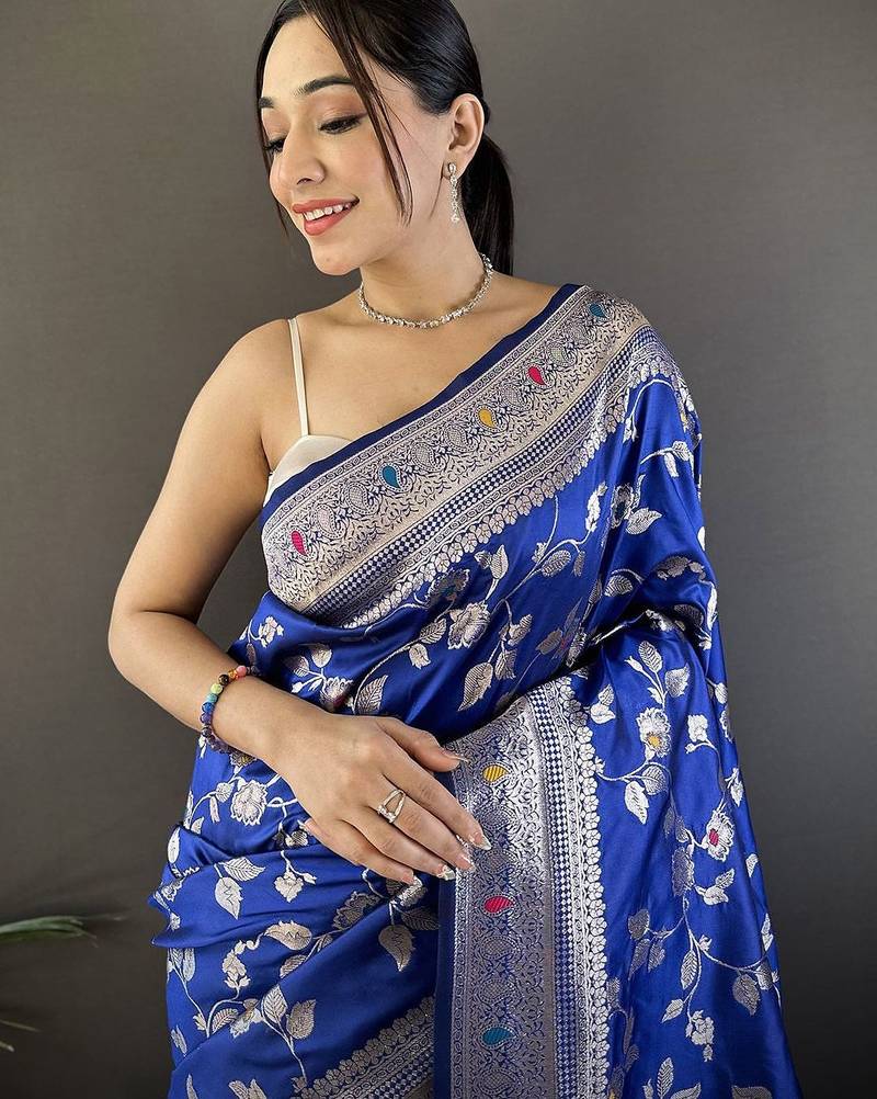 Blue floral woven design zari banarasi saree