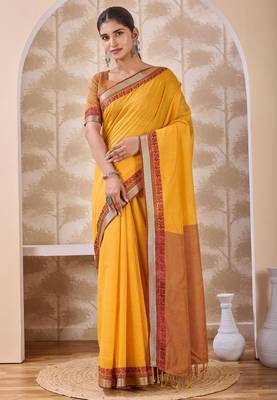 Mustard zari and thread work border cotton blend saree with tassels with blouse 1