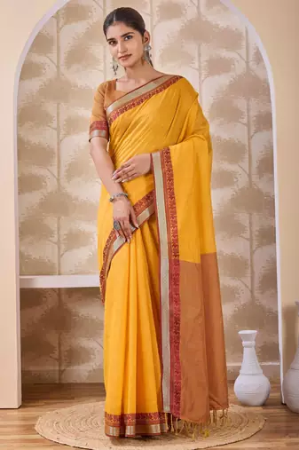 Mustard zari and thread work border cotton blend saree with tassels with blouse