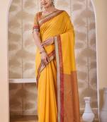 Mustard zari and thread work border cotton blend saree with tassels with blouse