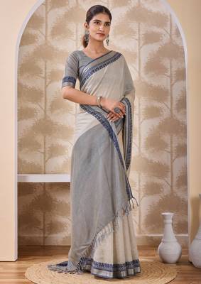 Ash grey zari and thread work border cotton blend saree with tassels with blouse 3