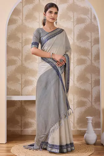 Ash grey zari and thread work border cotton blend saree with tassels with blouse