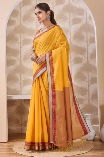 Mustard zari and thread work border cotton blend saree with tassels with blouse