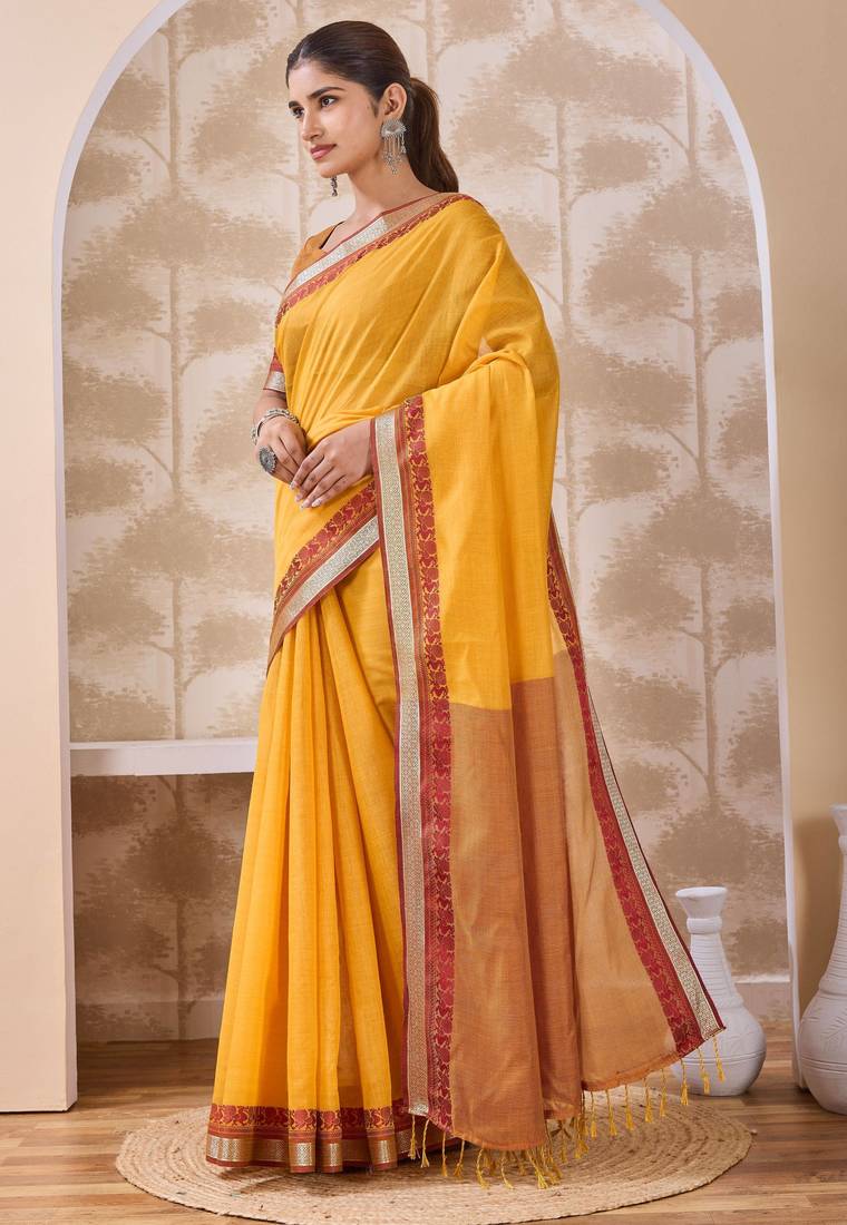 Mustard zari and thread work border cotton blend saree with tassels with blouse