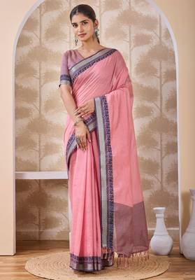 Onion pink zari and thread work border cotton blend saree with tassels with blouse 1