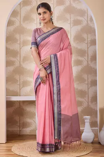 Onion pink zari and thread work border cotton blend saree with tassels with blouse