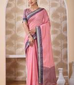 Onion pink zari and thread work border cotton blend saree with tassels with blouse