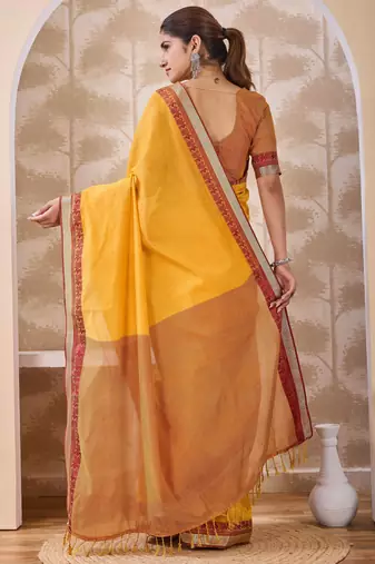 Mustard zari and thread work border cotton blend saree with tassels with blouse