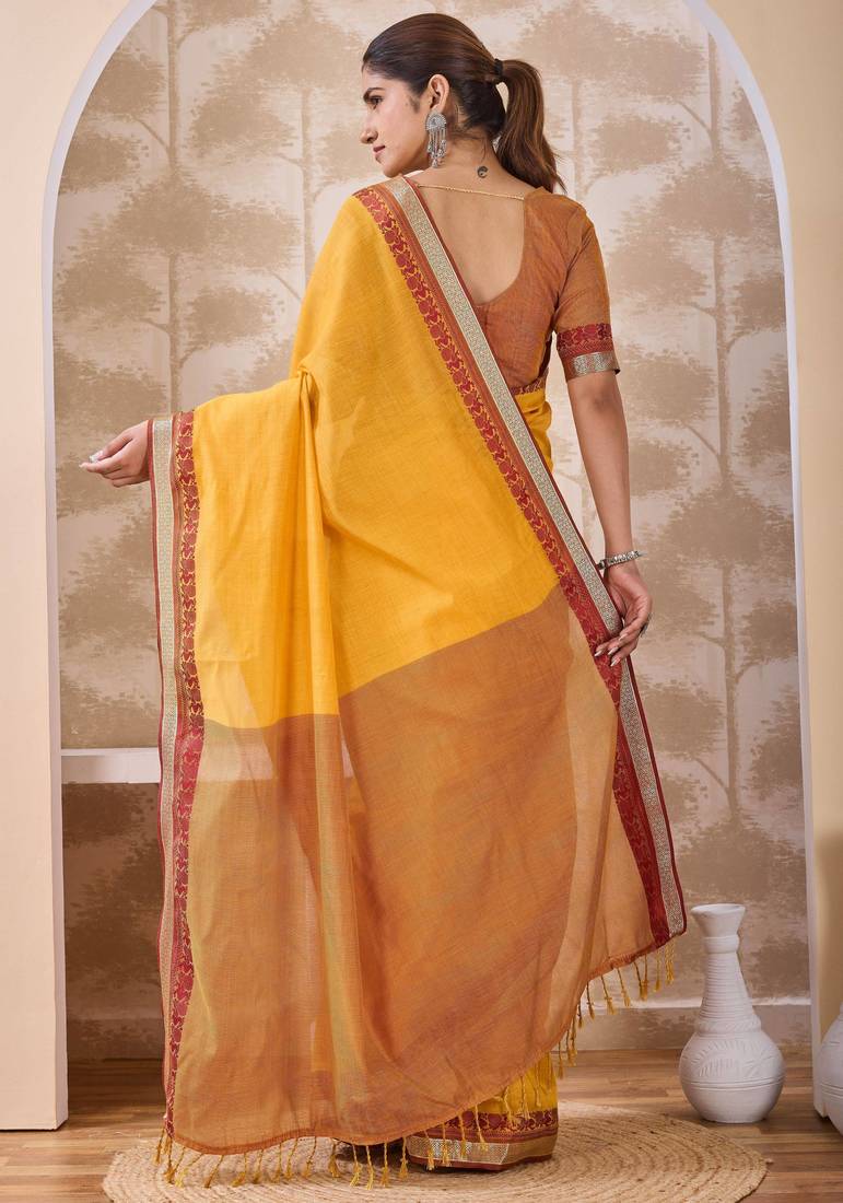Mustard zari and thread work border cotton blend saree with tassels with blouse