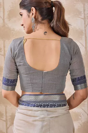 Ash grey zari and thread work border cotton blend saree with tassels with blouse