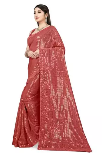 Red embellished sequinned saree