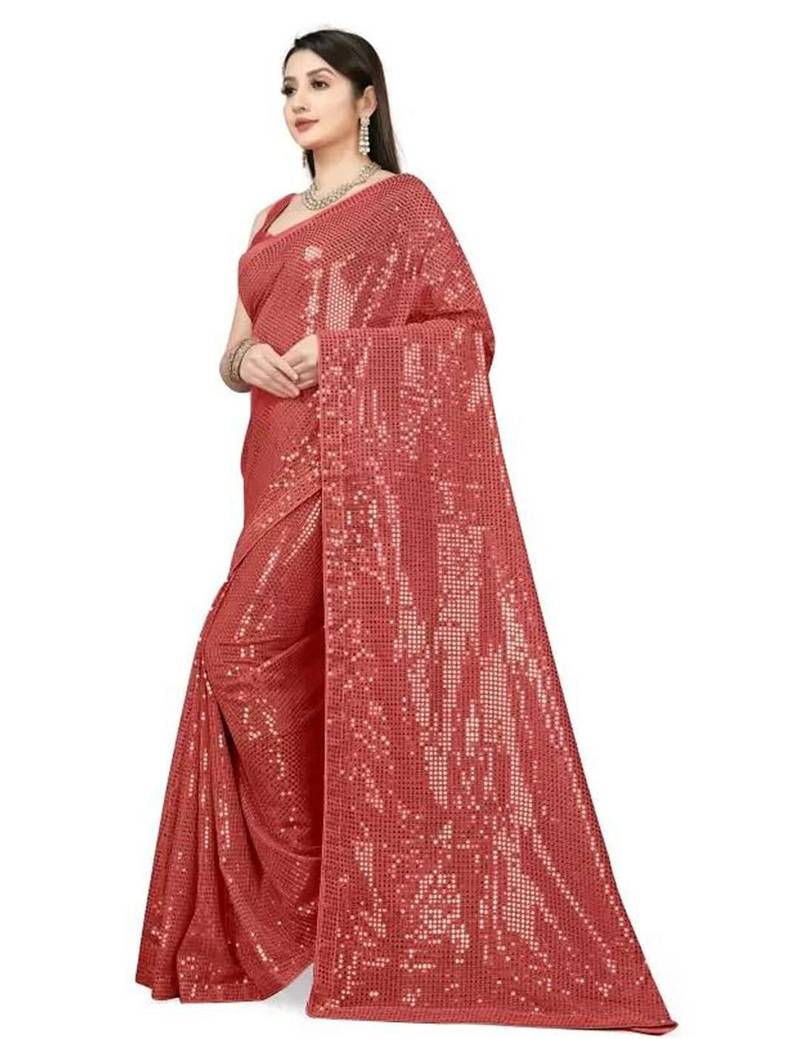 Red embellished sequinned saree