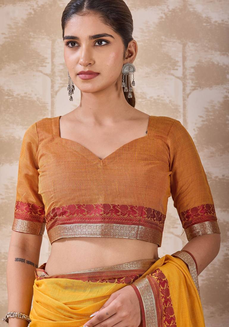 Mustard zari and thread work border cotton blend saree with tassels with blouse