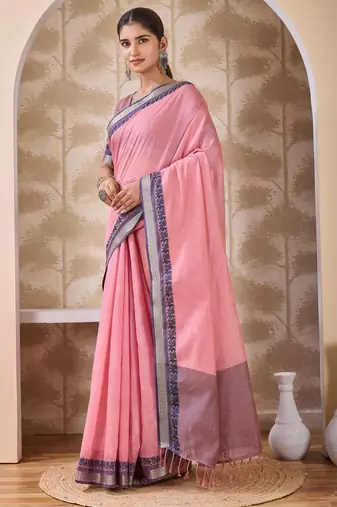 Onion pink zari and thread work border cotton blend saree with tassels with blouse