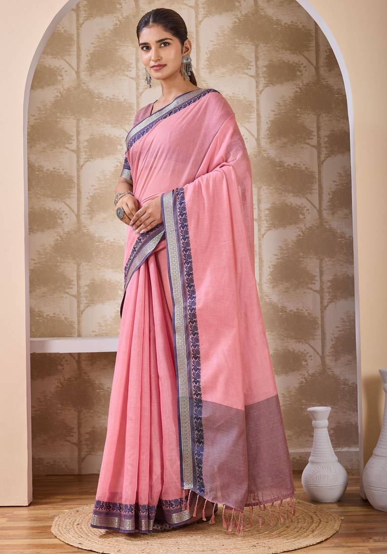 Onion pink zari and thread work border cotton blend saree with tassels with blouse