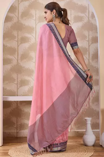 Onion pink zari and thread work border cotton blend saree with tassels with blouse