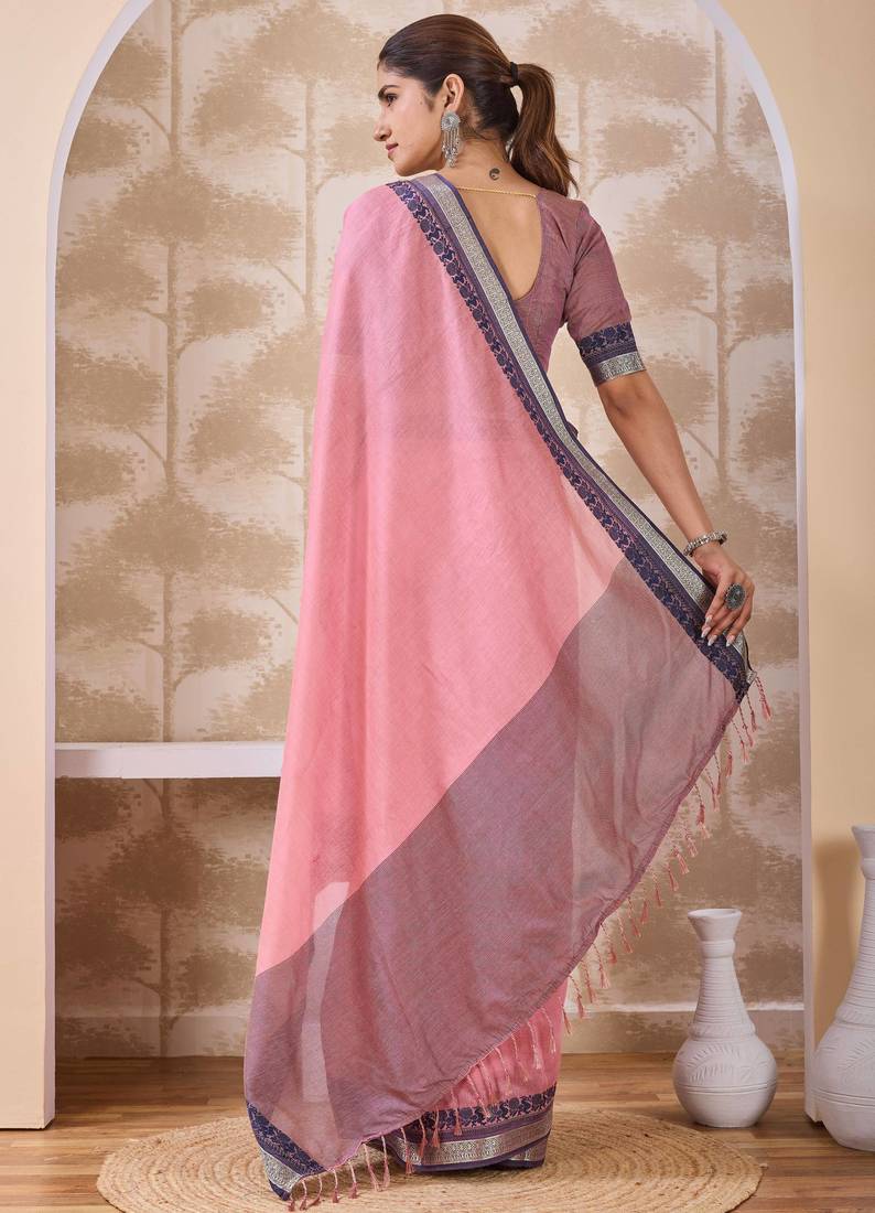 Onion pink zari and thread work border cotton blend saree with tassels with blouse
