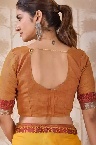 Mustard zari and thread work border cotton blend saree with tassels with blouse
