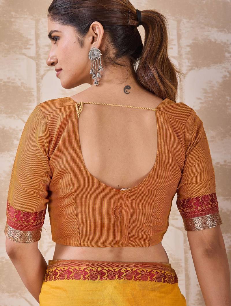 Mustard zari and thread work border cotton blend saree with tassels with blouse