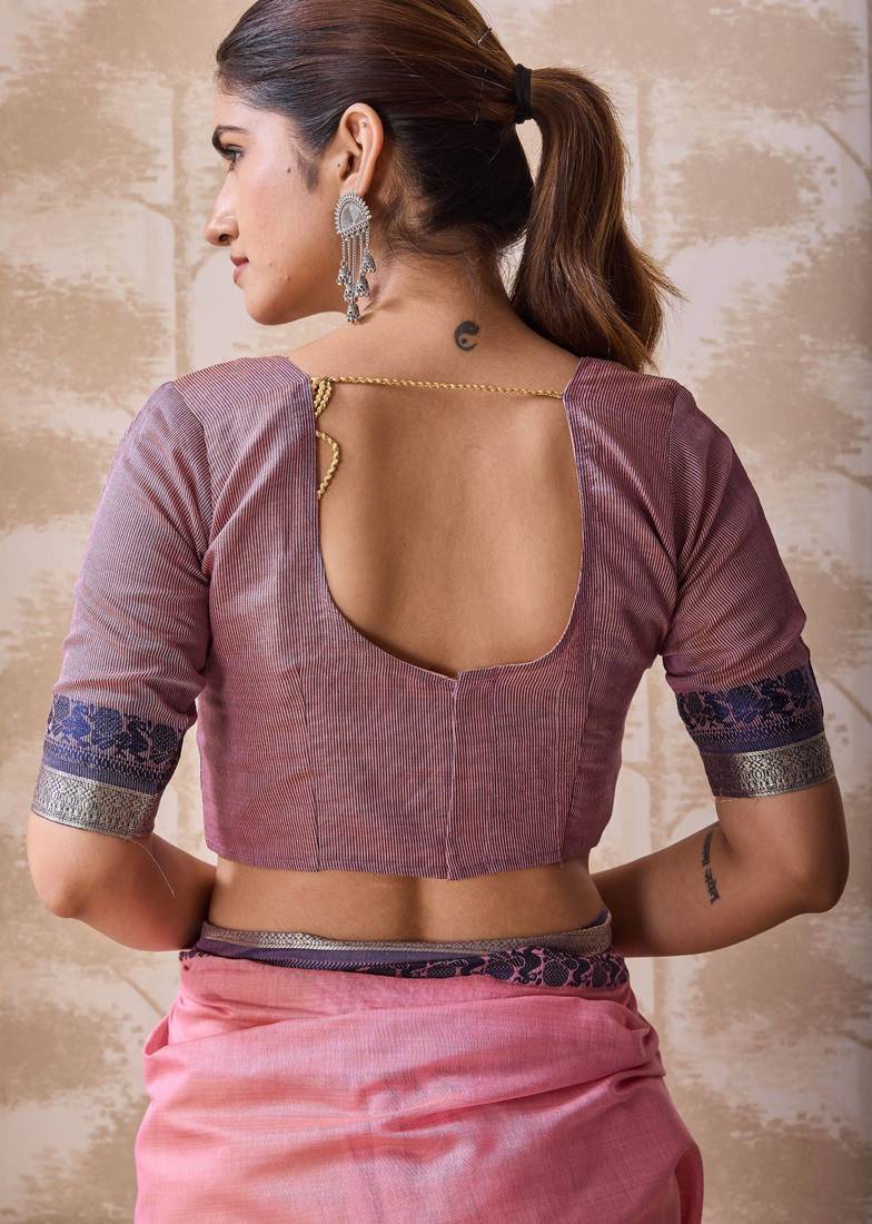 Onion pink zari and thread work border cotton blend saree with tassels with blouse