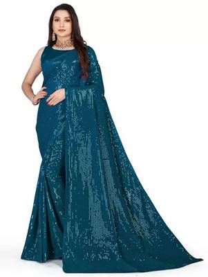 Turquoise embellished sequinned saree 1