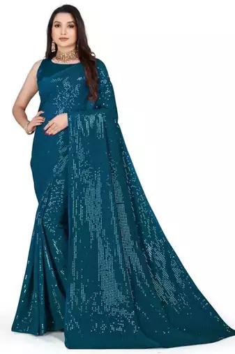 Turquoise embellished sequinned saree