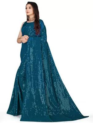 Turquoise embellished sequinned saree 2