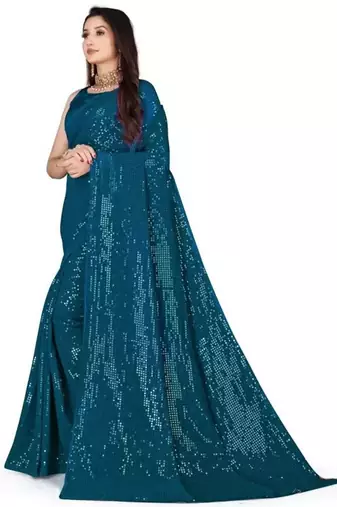 Turquoise embellished sequinned saree