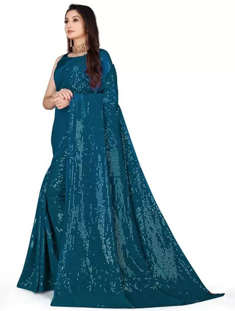 Turquoise embellished sequinned saree
